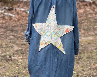upcycled Denim Tunic Dress with Patchwork & Vintage Quilt Details