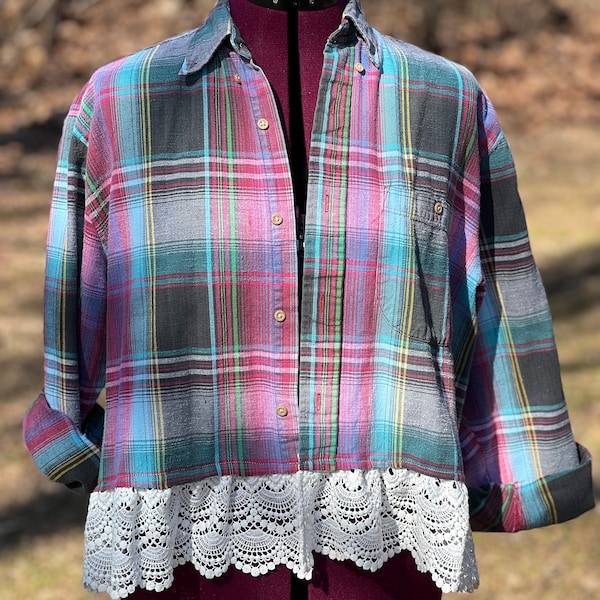 Flannel, ruffle flannel, Up cycled top