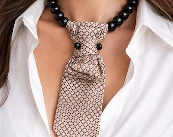 Upcycled Necktie Necklace with Black Beads | Statement Tie Necklace | Repurposed Silk Tie Jewelry | Bold Handmade Necklace