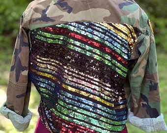 up cycled camo jacket with rainbow sequin back and floral appliqué, statement, military jacket, Handcrafted festival jacket