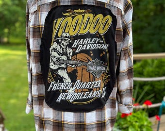 Upcycled Harley Davidson Flannel Shirt Jacket | Vintage Harley Tee Back Patch | Motorcycle Flannel | One of a Kind Biker Style