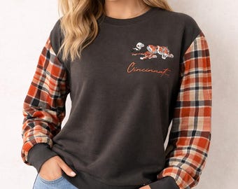 Upcycled Cincinnati Bengals Flannel Sleeve Sweatshirt | One of a Kind NFL Football Crewneck | Cozy Game Day Pullover