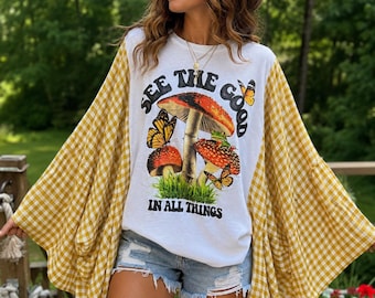 Upcycled See the Good in All Things Boho Top | Cottagecore Mushroom Shirt | Gingham Kimono Sleeve Tee | One of a Kind Handmade Clothing
