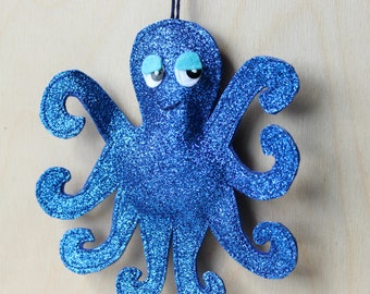 Sparkling Blue Octopus: Glitter Felt Hanging Decor - Unique Nautical Gift