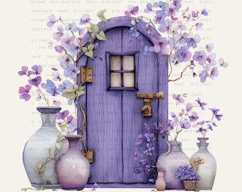 Purple Floral Fairy Door Clipart, Vintage Watercolor (JPG)