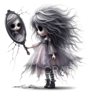 10 Gothic Halloween Chibi Doll Girl Clipart Creepy Cute Witch Reaper Vampire Jester Watercolor Doll Art JPEG Spooky Doll Clip Art