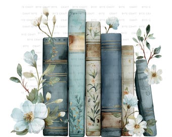 Watercolor Floral Book Stack Clipart: Purple Books PNG (Digital Download
