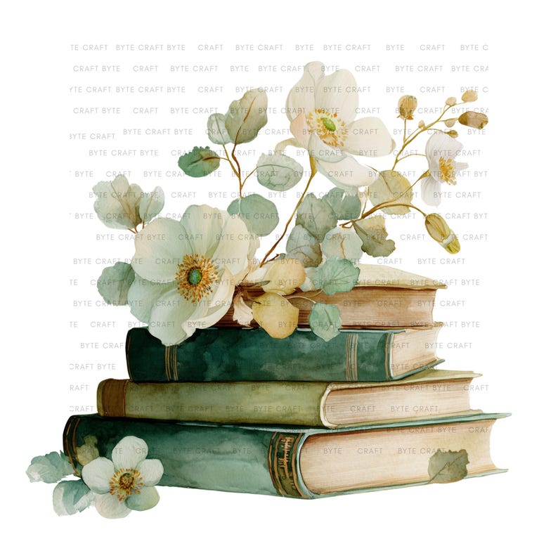 Watercolor Floral Book Stack Clipart: Green Books PNG (digital Download ...