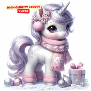 Winter Eenhoorn met roze sjaal Winter Eenhoorn kerst aquarel clipart kerst Eenhoorn grillige clipart kerst JPG