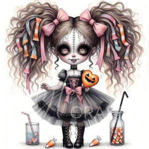10 Gothic Halloween Chibi Doll Girl Clipart Creepy Cute Witch Reaper Vampire Jester Watercolor Doll Art JPEG Spooky Doll Clip Art
