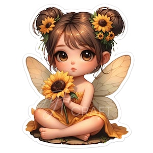 Clipart fée tournesol bohème lunatique fille florale fantaisie été printemps kawaii décoration de jardin 10 fichiers JPEG 300 ppp de haute qualité usage Commercial