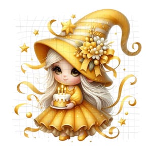 Yellow Birthday Princess Gnome Clipart: Watercolor PNG Images (Digital Download)