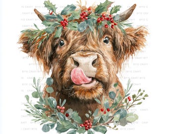 Christmas Highland Cow Clipart: Watercolor Farm Animal Illustrations (Digital Download)