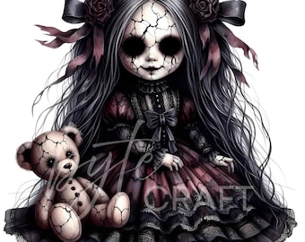 Gothic Halloween Doll Clipart: Spooky Watercolor Chibi (JPG Digital Download)