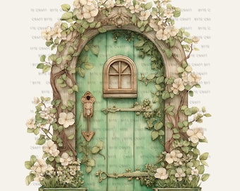 Enchanted Fairy Door Watercolor Clipart, Green Floral Arch (JPG)