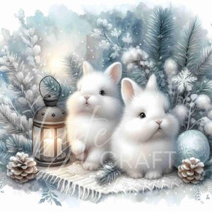 10 JPG hiver lapin Clipart Deux lapins enneigé forêt scène illustration carte postale déco chambre de bébé sublimation décoration de Noël carte clipart