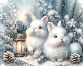 Winter Bunny Clipart Set: Snowy Forest Scene, Nursery Decor (JPG Digital Download)
