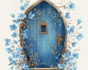 Blue Floral Fairy Door Clipart, Medieval Gothic Design (JPG Digital Download)