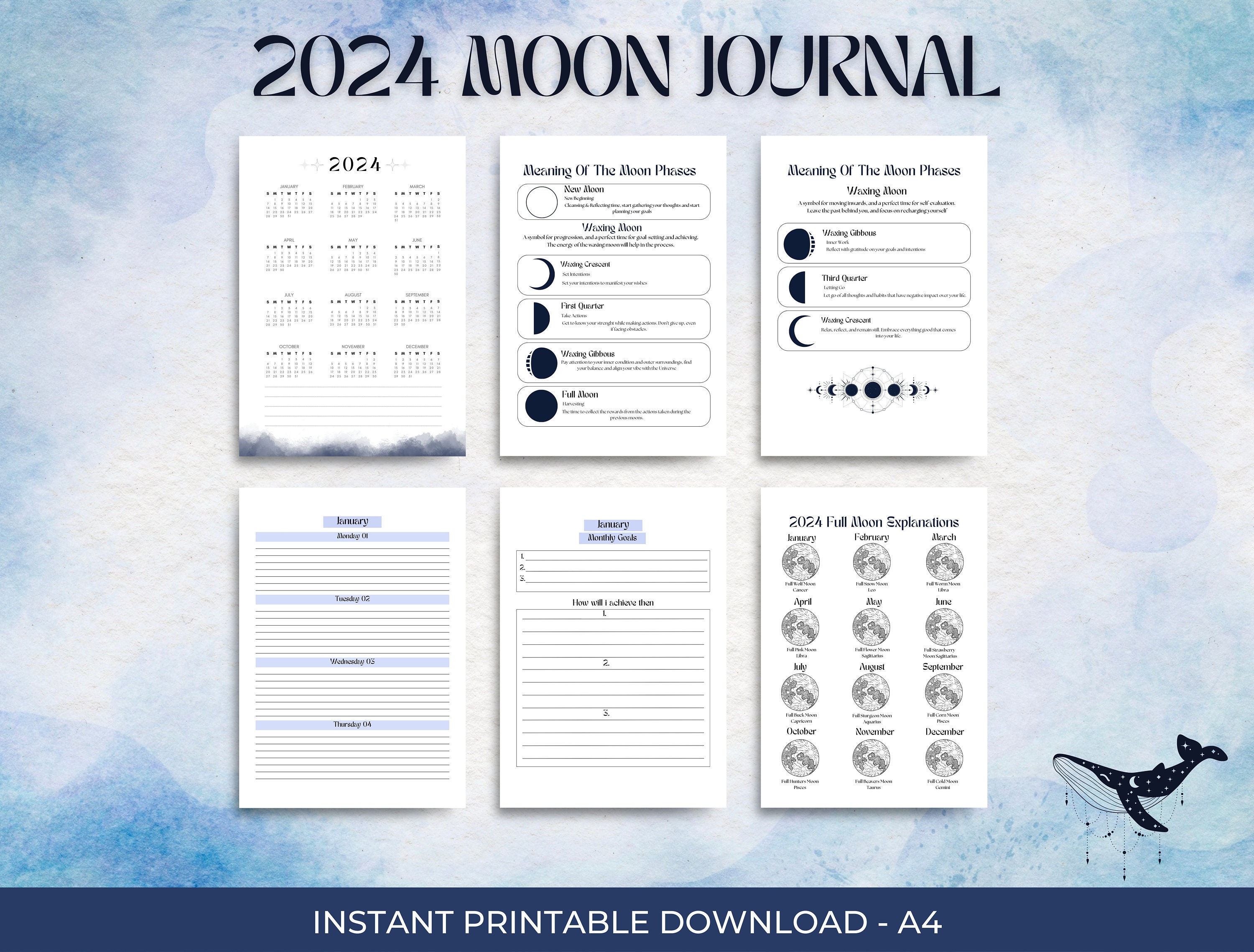 2024 Moon Journal, Moon Planner, A4 Moon Phase Planner, Moon Workbook