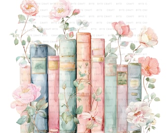 Pastel Wildflower Books Clipart: Watercolor Floral PNG Bundle (Digital Download