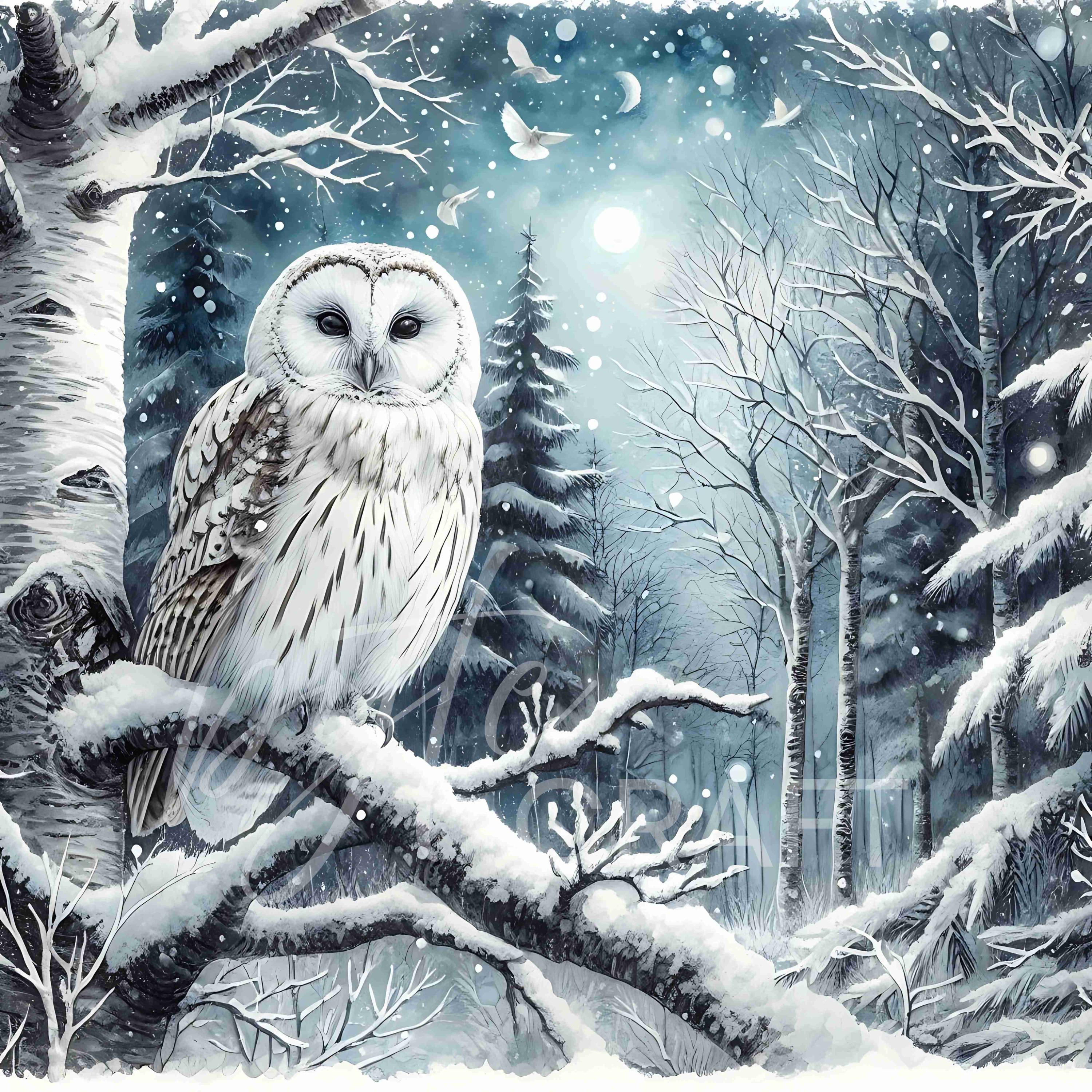 Winter Owl Clipart Set: Snowy Forest Scene, Christmas Card Decor (JPG ...