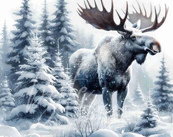 Moose Winter Forest Clipart: Snowy Woodland Scene (JPG Digital Download)
