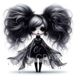 11 Gothic Halloween Chibi Doll Girl Clipart Creepy Cute Witch Reaper Vampire Jester Watercolor Doll Art JPEG Spooky Doll Clip Art