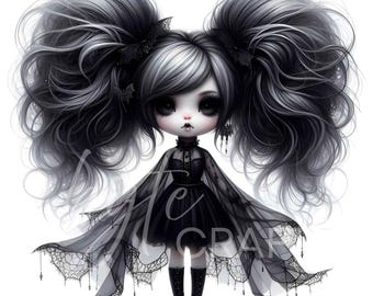 Gothic Chibi Doll Clipart: Halloween Witch, Vampire, Reaper (Digital Download)