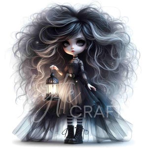 12 Gothic Halloween Chibi Doll Girl Clipart Set Creepy Cute Witch, Reaper, Vampire, Jester Watercolor Doll Art JPEG – Spooky Doll Clip Art