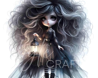 Creepy Cute Gothic Doll Clipart Chibi Girl PNG Halloween Goth Emo Character Graphic