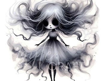 Gothic Halloween Chibi Doll Clipart: Creepy Cute Watercolor Art (JPEG)