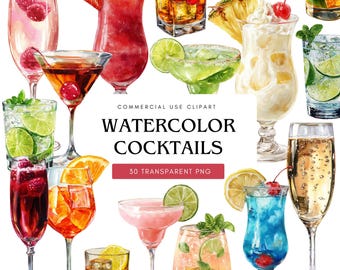 Cocktail Clipart Set: Summer Drinks, Tropical Fruits (PNG Digital Download)