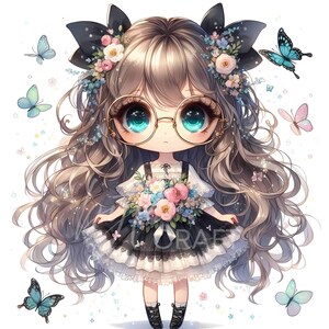 Chibi Butterfly Girl Clipart Fantasy Junk Journal  Paper Craft Whimsical Floral Girl Fantasy Summer Spring Kawaii Garden Decor 300 DPI JPEG