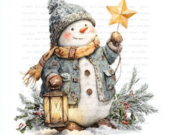 Vintage Christmas Snowman Clipart | Retro Watercolor JPGs (Digital Download)
