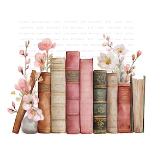 May include: Watercolor illustration of a stack of vintage books in shades of pink, brown, and green, adorned with delicate pink and white floral branches. The books have gold accents and aged paper. The text "BYTE CRAFT" is repeated around the image.
