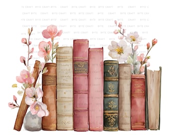 Imágenes prediseñadas de acuarela de una pila de libros con flores rosas (descarga digital PNG)