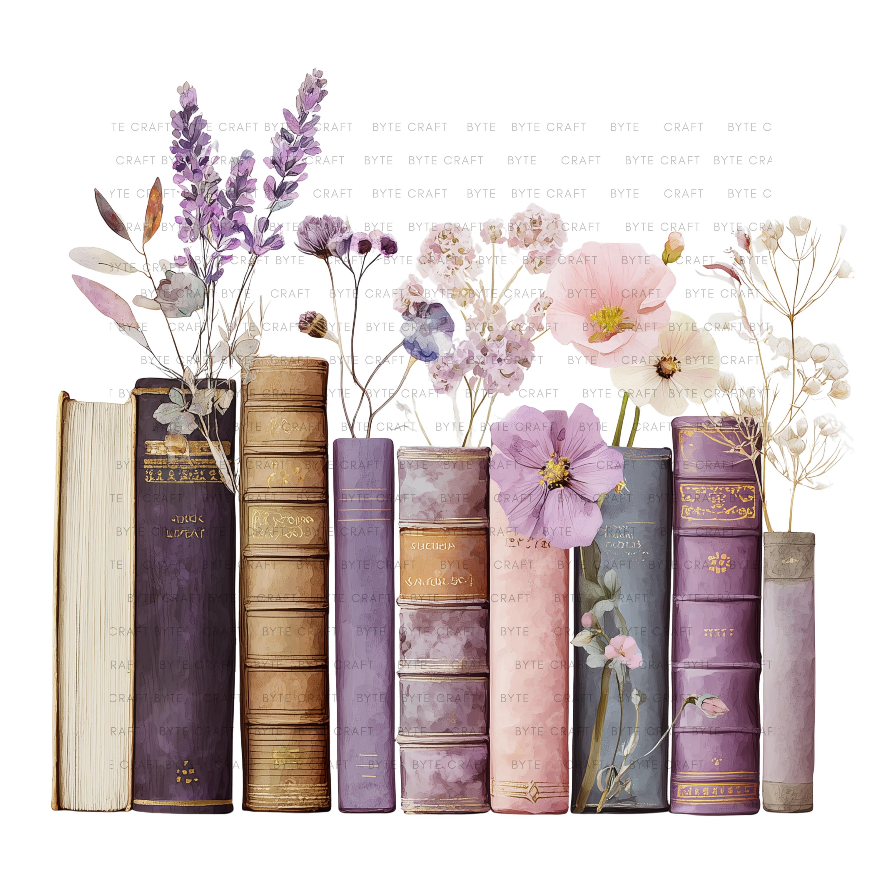 12 Purple Floral Book Stack Clipart, Watercolor Row of Books With ...
