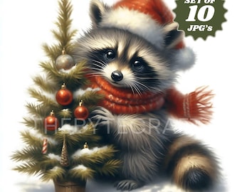 Winter Raccoon Watercolor Clipart: Farmhouse Christmas JPG (Digital Download)
