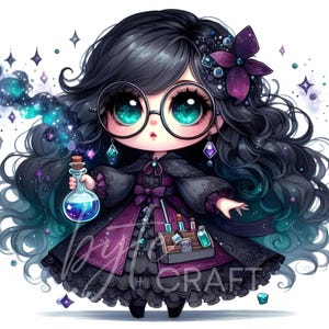 Chibi Witch Sticker Set: Gothic Potion Maker Clipart (Digital Download)