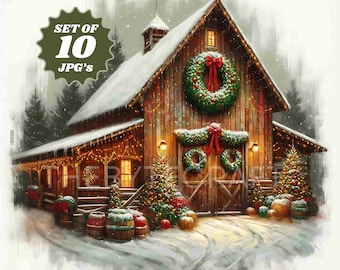 Christmas Barn Watercolor Clipart: Farmhouse Christmas JPG (Digital Download)