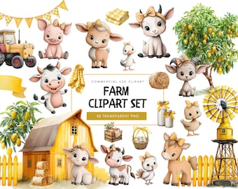 Watercolor Farm Clipart: Baby Animals, Barn, Tractor (PNG Digital Download)