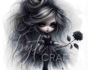 Gothic Halloween Chibi Doll Clipart Set, Watercolor Art (Digital Download)