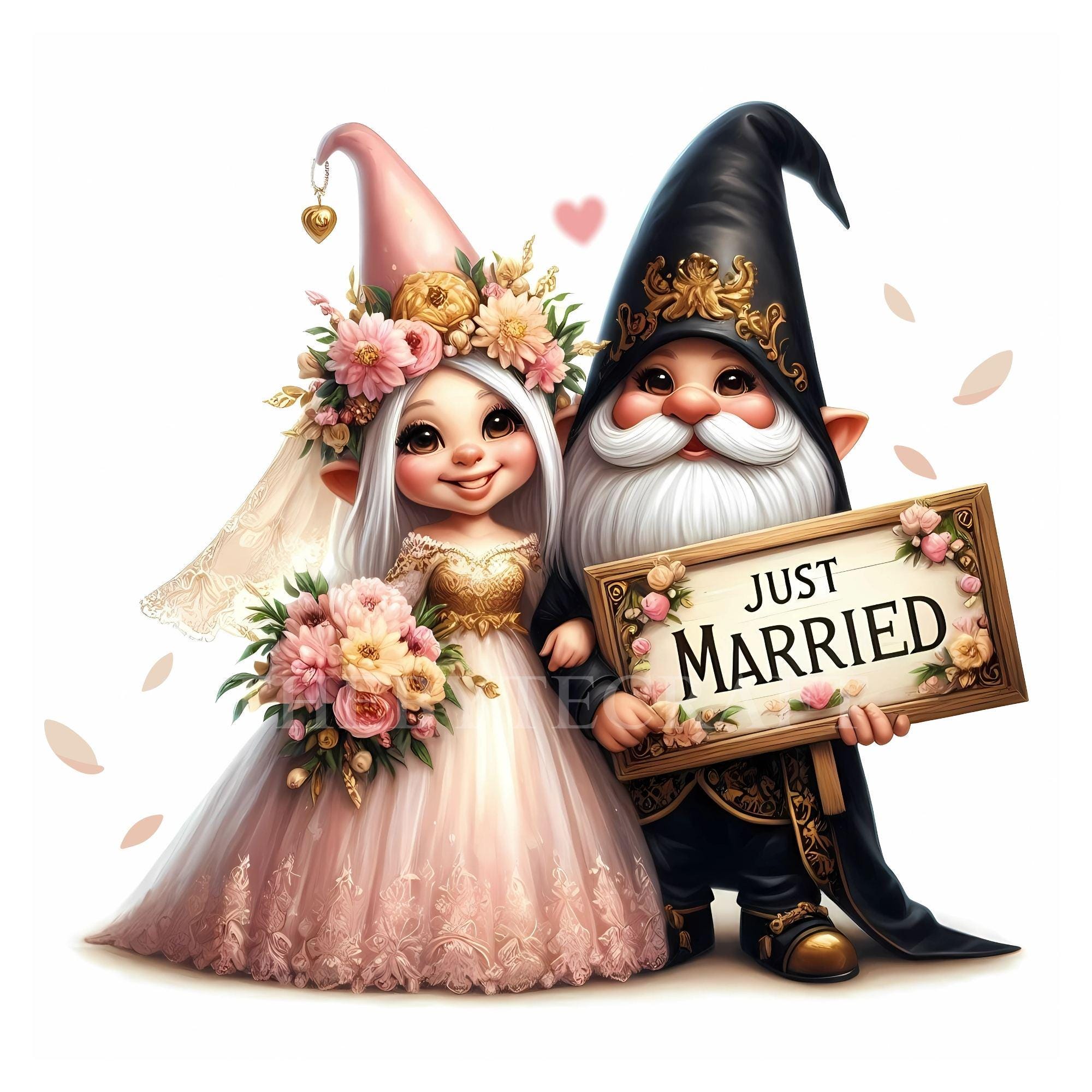 Just Married Gnomes, Gnome Clipart Set, Magical Wedding Decor, Gnome