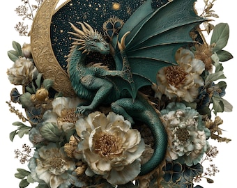 Fantasy Dragon & Roses Clipart: Watercolor Style Illustrations (PNG Download)