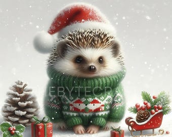 Christmas Hedgehog Clipart Set: Whimsical JPG Images (Digital Download, 300 DPI, 1920x1920 px )