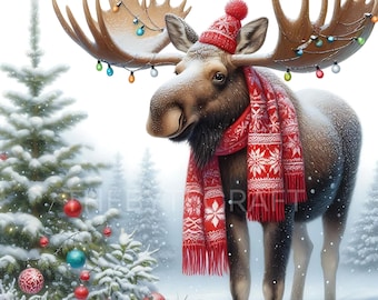 Christmas Moose Clipart Set: Whimsical Watercolor JPEGs (300 DPI, Digital Download