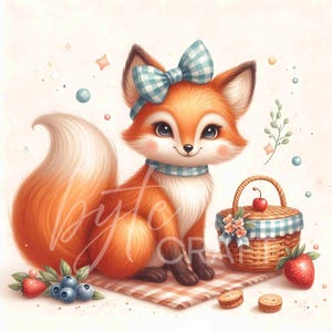 12 cliparts pique-nique renard mignon animal d'été panier lunatique renard roux Vichy Art indésirable journal carte postale Invitation sublimation décoration de chambre d'enfant