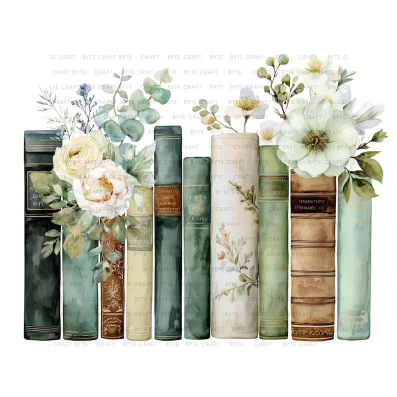 Watercolor Floral Book Stack Clipart: Green Books PNG (digital Download ...
