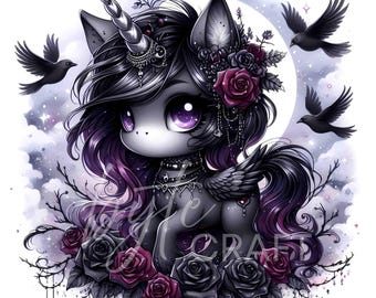 Gothic Unicorn Stickers: Chibi Kawaii Dark Fantasy Art (Set of 10 JPEG, 300 DPI)