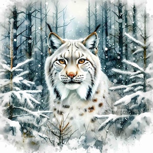 11 JPG Escena de lince invernal Clipart JPG / Ilustración de gran felino en bosque nevado Arte Postal Tarjeta navideña Decoración Sublimación Hoja de diario basura